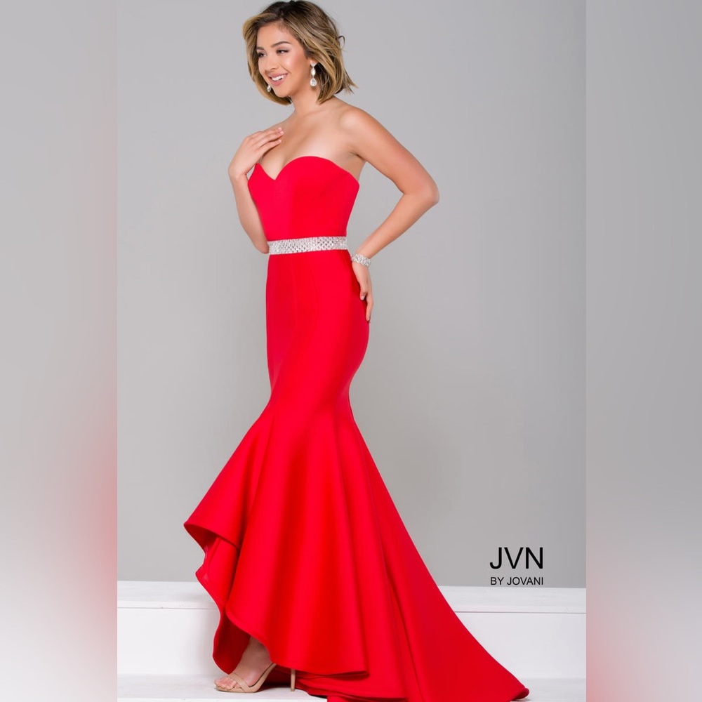 JVN by Jovani Strapless Red Mermaid Gown with Jeweled Waist